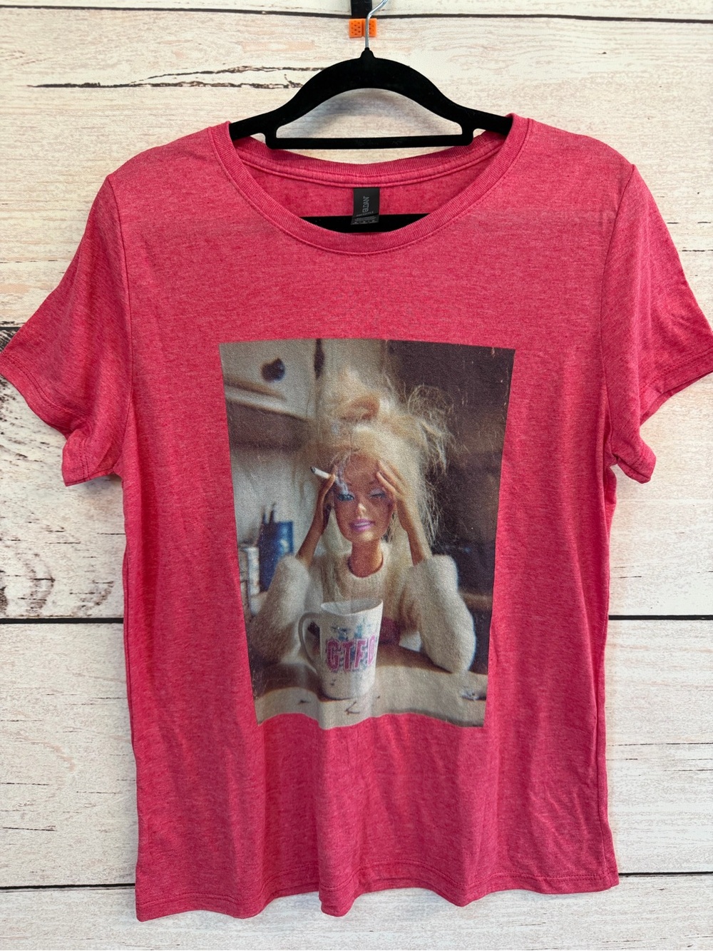 Gildan Heather Red Short-Sleeve Tee with Doll Photo Graphic